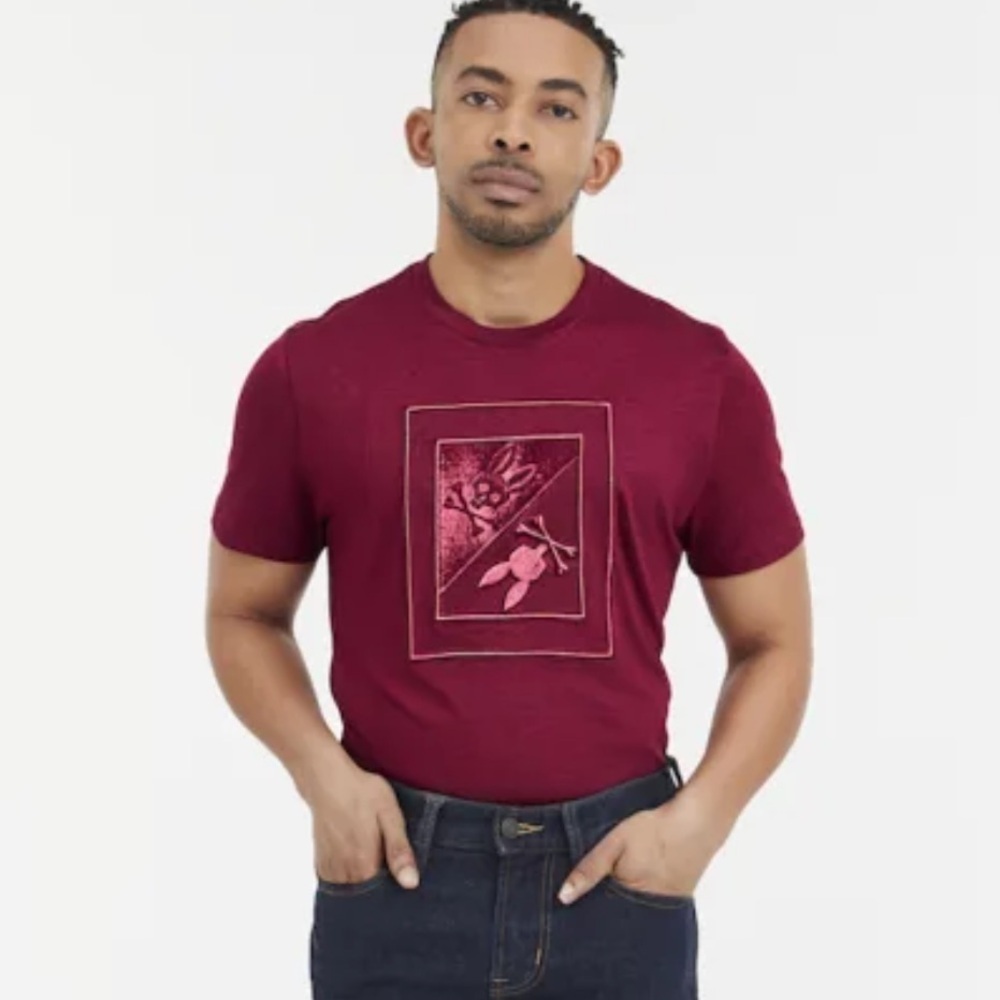 Psycho Bunny Men's Valdez Embroidered Graphic T-Shirt in Maroon Sz 3/XS